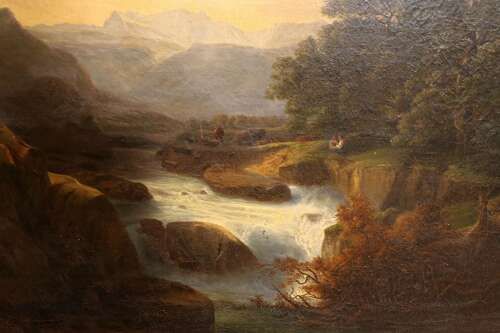 fig 1. A 19th-century landscape oil painting depicting a rushing river, mature trees, and distant mountains enclosed in an ornate gilded frame.