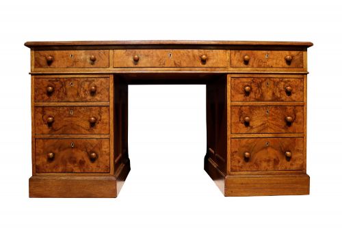VICTORIAN OAK BURR WALNUT PEDESTAL DESK