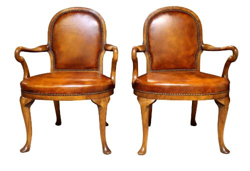 PAIR OF WALNUT FRAMED LEATHER UPHOLSTERED ARMCHAIRS C1900