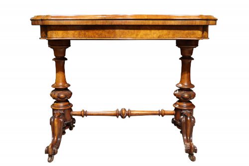 VICTORIAN BURR WALNUT CARD TABLE WITH FOLD OVER TOP CARVED SUPPORTS C1870
