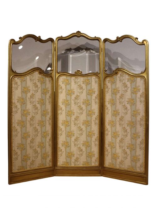 FINE FRENCH GILTWOOD THREE FOLD SCREEN WITH BEVELLED GLASS SILK PANELS C1870