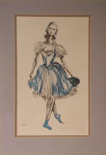 fig 1. A framed limited edition print depicting a ballet dancer in a blue and cream dress inside a gilded frame.