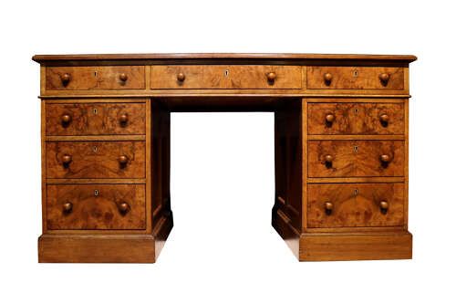 VICTORIAN BURR WALNUT OAK PEDESTAL DESK WITH LEATHER TOP C1880 - ADDITIONAL PHOTO 1
