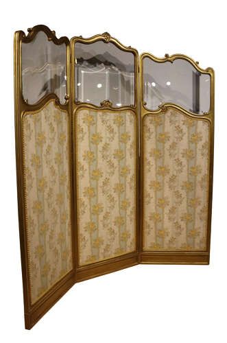 FINE FRENCH GILTWOOD THREE FOLD SCREEN WITH BEVELLED GLASS SILK PANELS C1870 - ADDITIONAL PHOTO 1