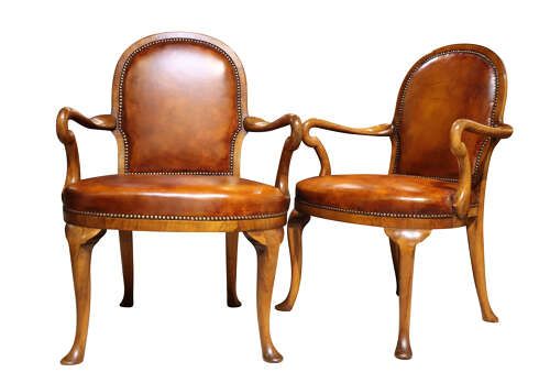 PAIR OF WALNUT FRAMED LEATHER UPHOLSTERED ARMCHAIRS C1900 - ADDITIONAL PHOTO 6