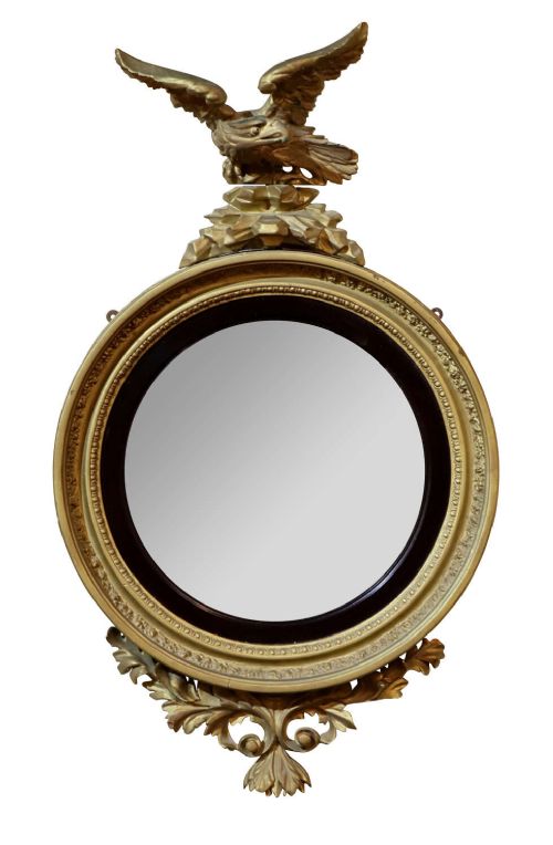 Early 19th Century Regency Circular Convex Giltwood Mirror with Eagle Surmount