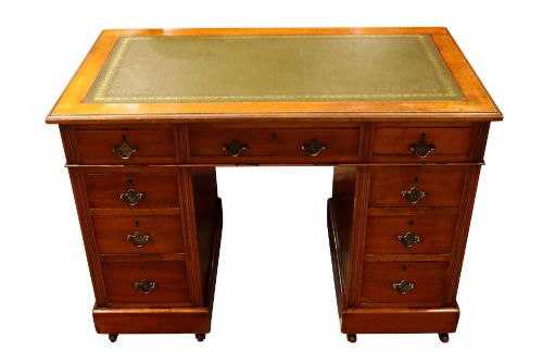 Small Edwardian Walnut Nine-drawer Pedestal Desk, Circa 1900