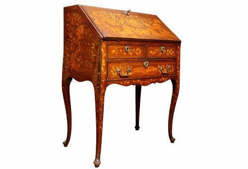 fig 1. An 18th-century Dutch bureau featuring intricate floral wood marquetry, a sloped fall front, drawers with brass handles, and cabriole legs.