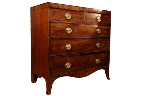 fig 1. A Regency mahogany chest of drawers featuring two short over three long drawers with oval brass handles and splayed feet.