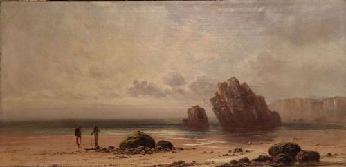 19th Century Coastal Oil Painting – Figures on a Rocky Beach with Dramatic Sea Stacks