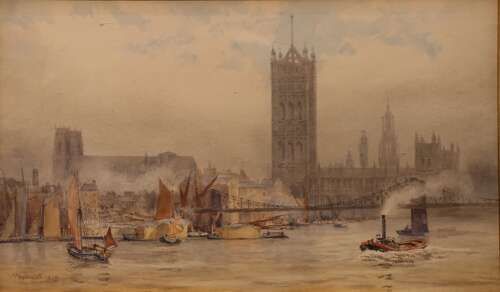 fig 1. An 1895 watercolour painting depicting the Houses of Parliament from the River Thames with shipping vessels, housed in a deep gold frame.