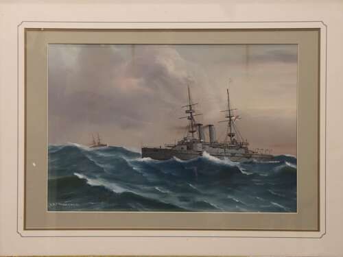 fig 1. An original framed gouache painting depicting the naval warship HMS Prince of Wales sailing through choppy sea waves under an overcast sky.