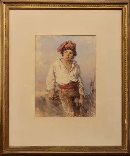 fig 1. A framed 19th-century watercolour painting depicting an Italian peasant woman wearing traditional attire and carrying woven baskets.