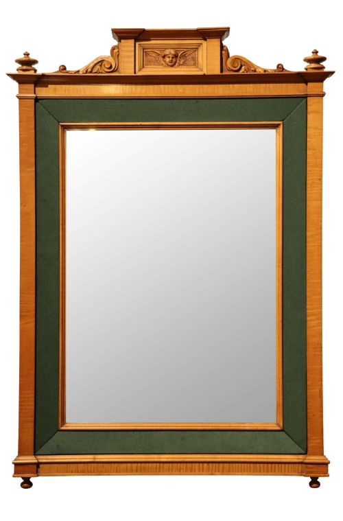 Edwardian Satinwood and Green Fabric Wall Mirror with Carved Cherub Crest, Circa 1910