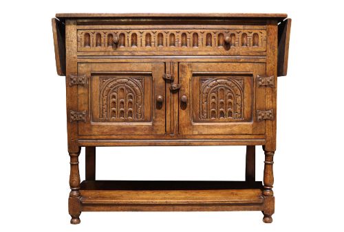 Jacobean Revival Carved Oak Drop-leaf Side Cabinet, C.1920