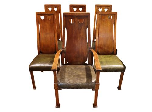 A Fine Set of Six Arts & Crafts Oak & Leather Dining Chairs, Retailed by Goodyers, London,