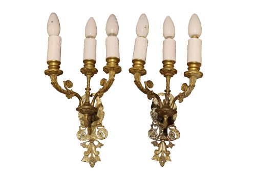 Pair of Decorative Brass Three-branch Wall Sconces, Early 20th Century, Circa 1930