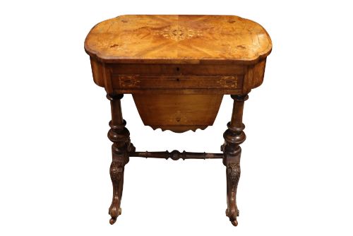 Victorian Walnut and Burr Walnut Inlaid Sewing and Work Table, Circa 1870