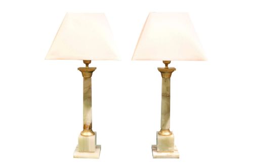 Pair of Gilt Metal Mounted Onyx Column Table Lamps, Circa 1960