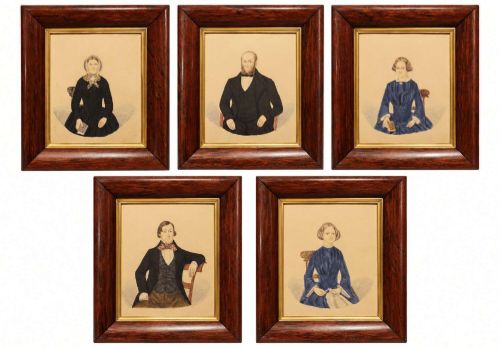 A Fine Set of Five Regency Watercolour Portraits in Rosewood Frames, Circa 1820