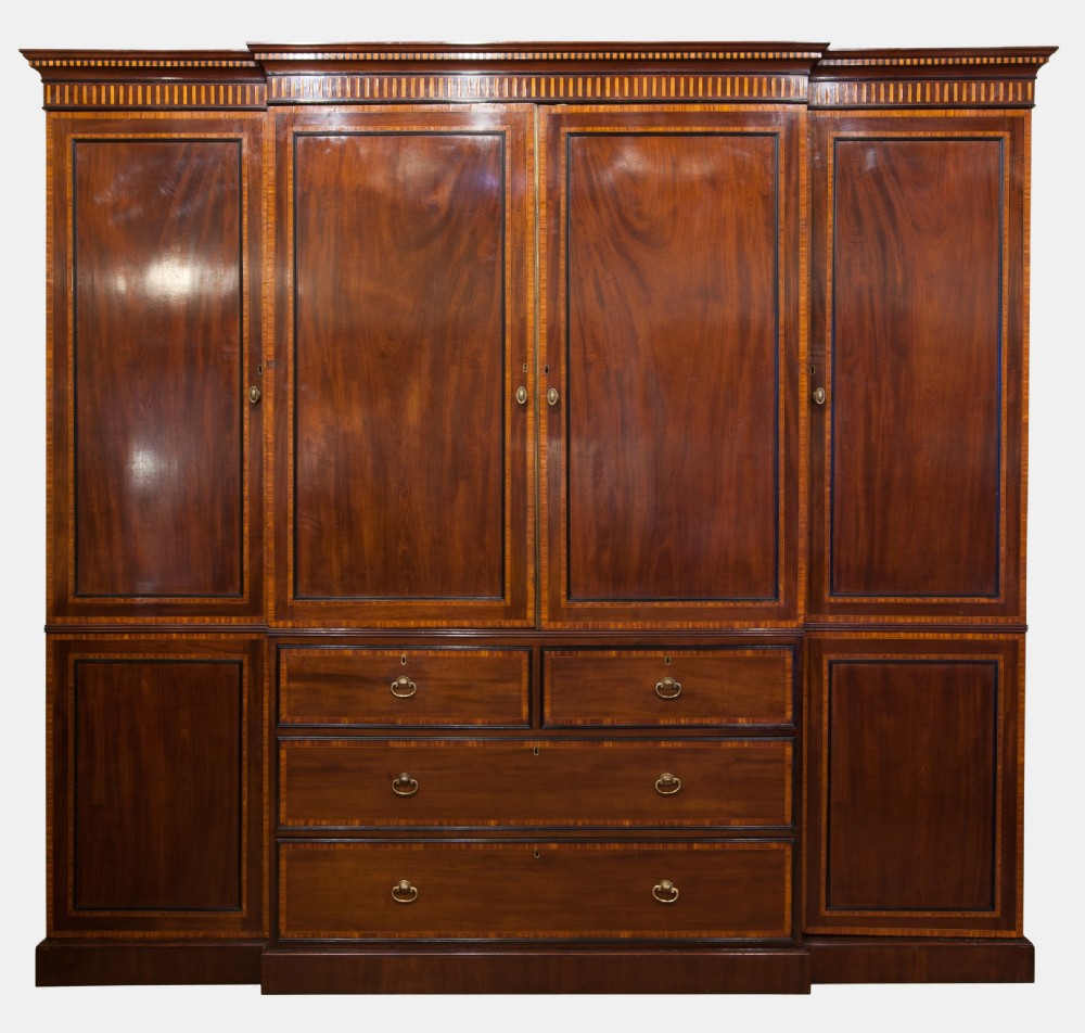 Mahogany and Satinwood Banded Breakfront Wardrobe