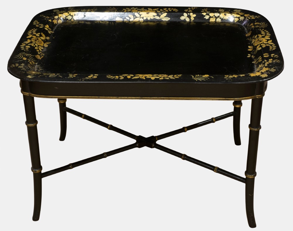 Black & Gilt Decorated Papier Mache Tray on Stand