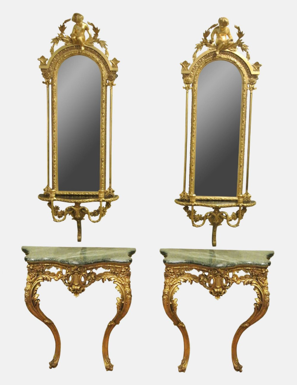 Pair of Victorian Giltwood and Gesso Console Tables and Girandole Mirrors