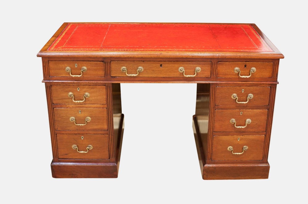 Red Leather Topped Mahogany 9 Drawer Desk
