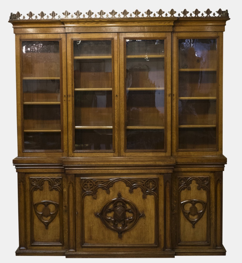 Victorian Oak Breakfront Gothic Bookcase