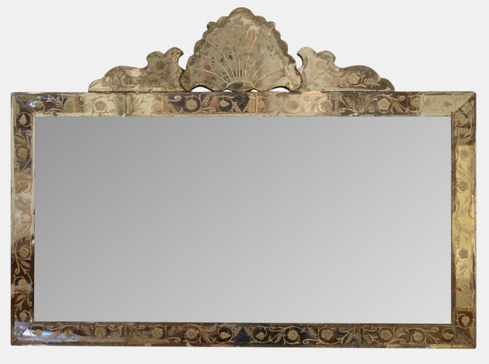 Triple Plate & Engraved Border Italian Glass Overmantel Mirror