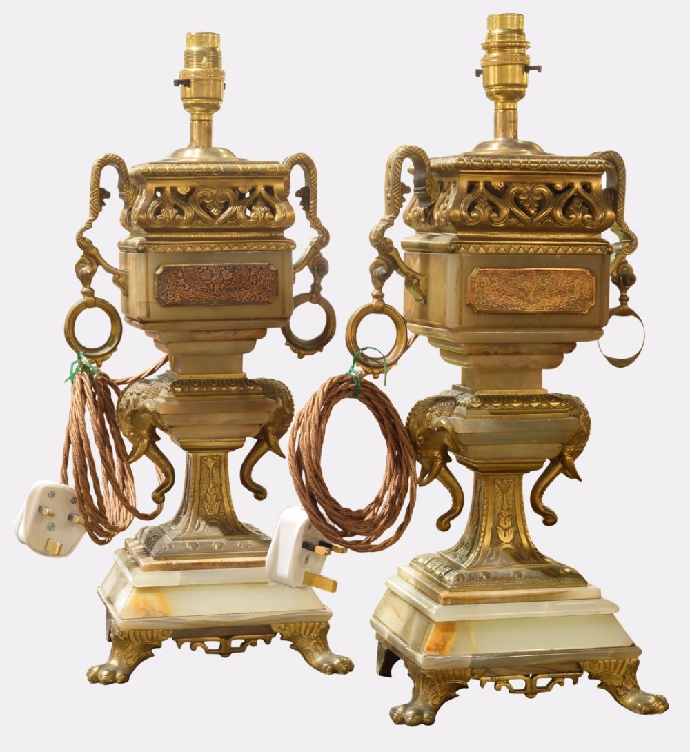 Pair of 19th Century Brass & Onyx Lamps
