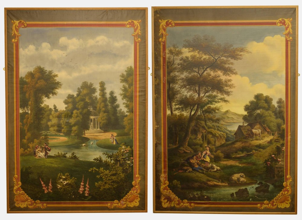 Pair of Large Oil on Canvas Classical Landscapes in the style of Watteau.