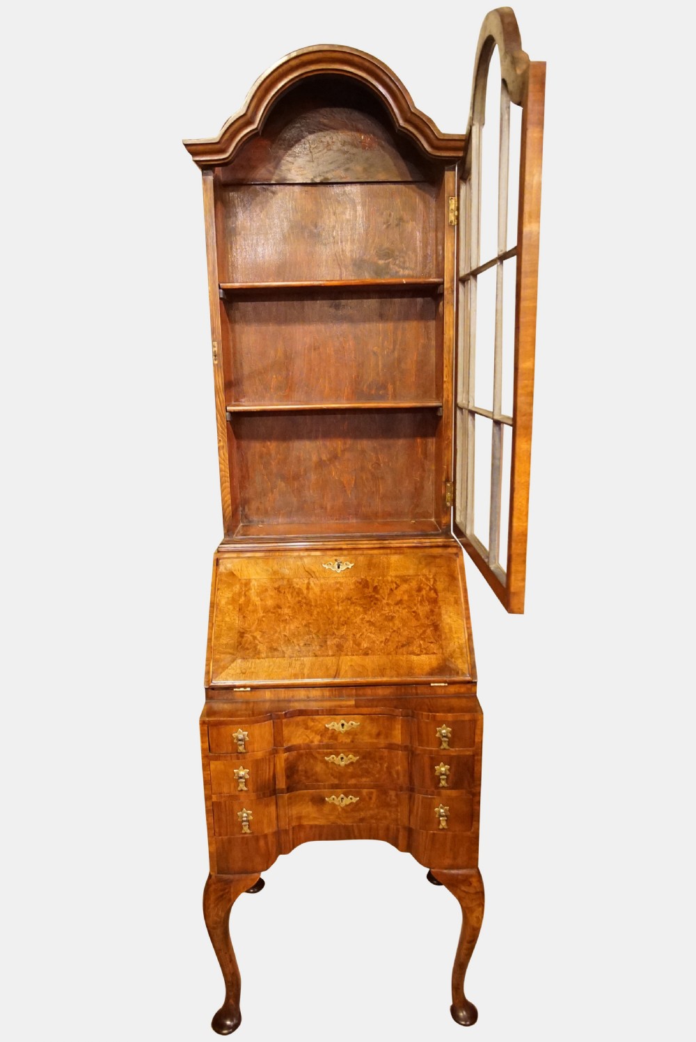 A Burr & Figured Walnut Queen Anne Style Bureau-Bookcase View VI