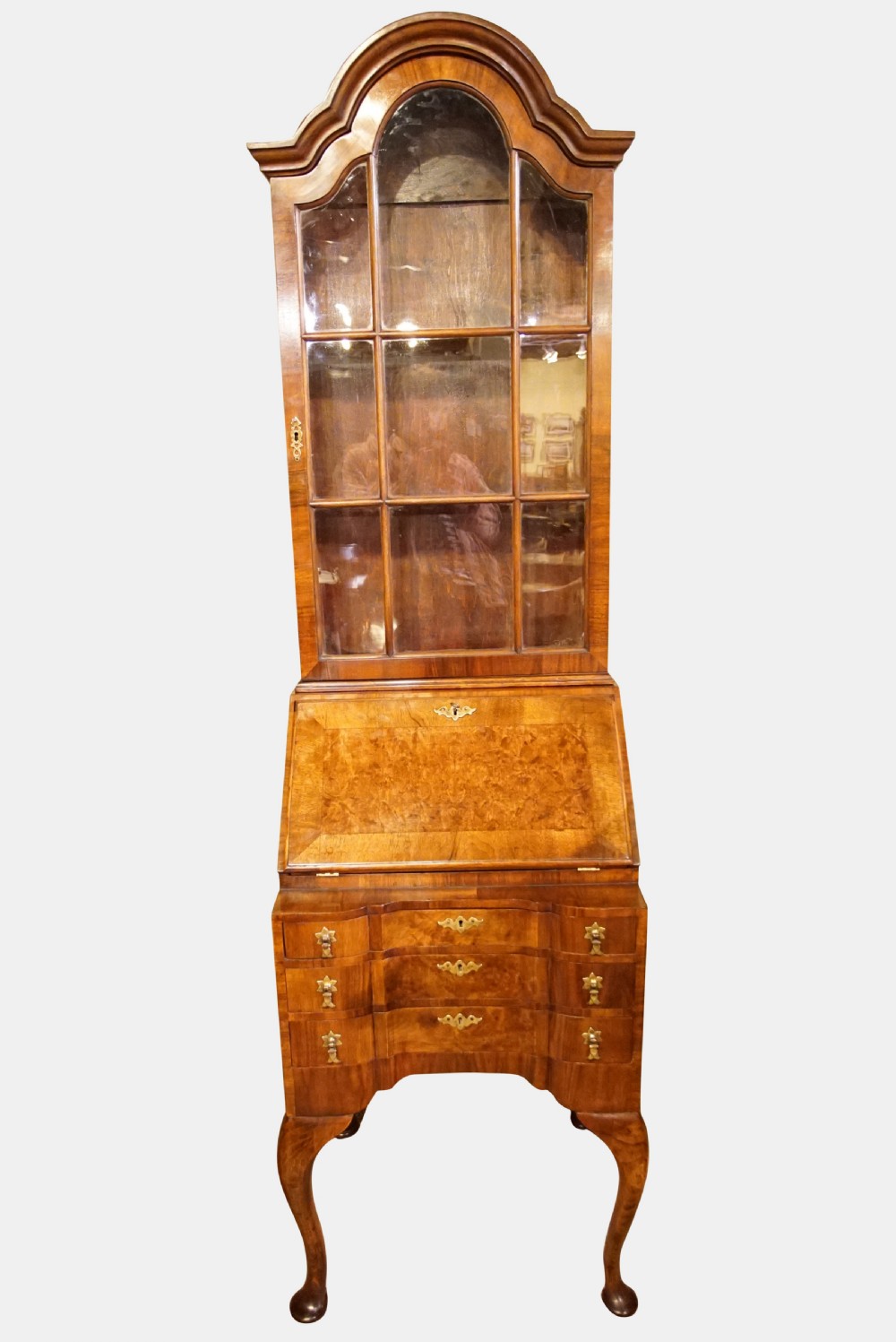 A Burr & Figured Walnut Queen Anne Style Bureau-Bookcase View VII