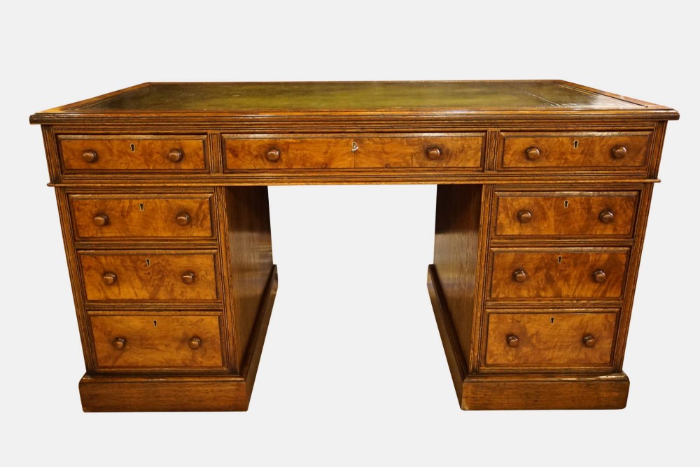Oak and Burr Walnut Pedestal Desk