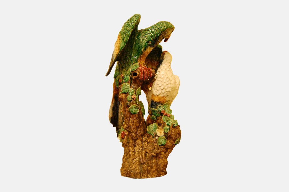 Continental Majolica Style Group of Parrots