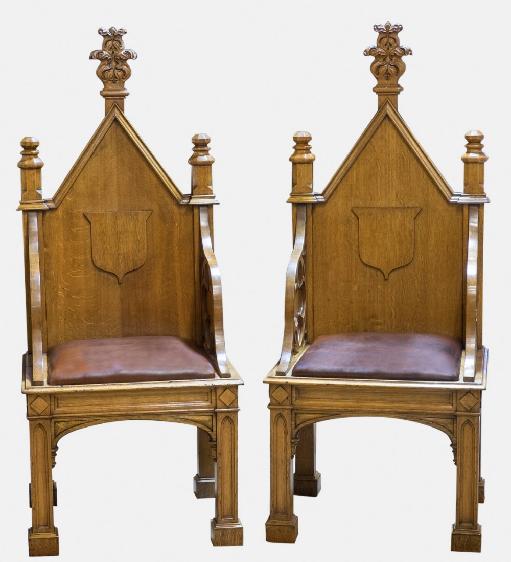 Pair of 19thC Oak Gothic Throne Chairs 