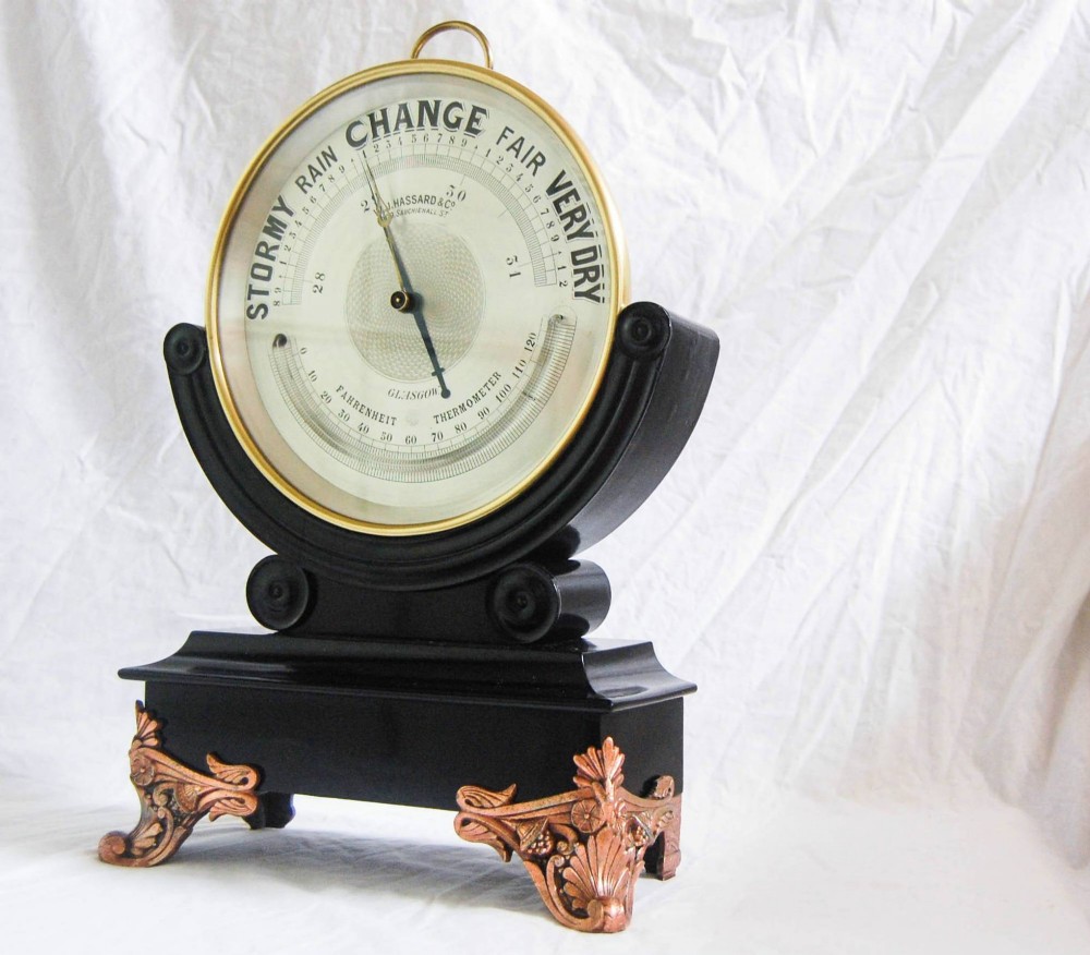 Huge Late Victorian 10 Dial Brass Aneroid Barometer on Ebonised stand by WJ Hassard Opticians Glasgow