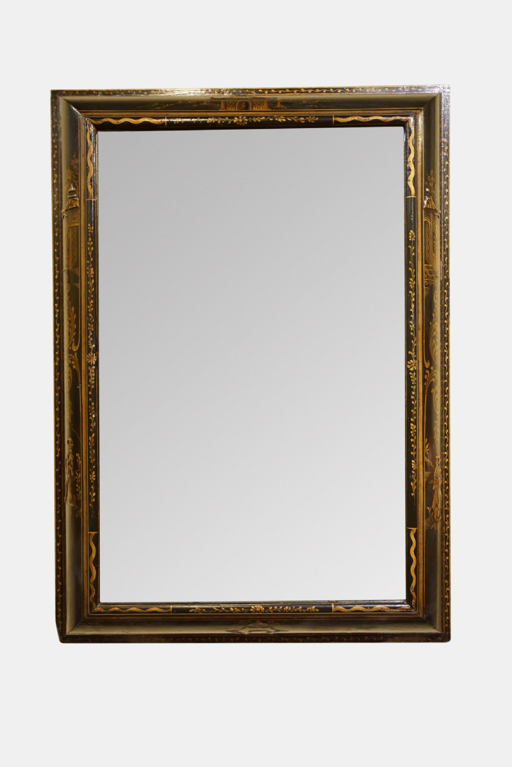 
Antique Queen Anne Style Black and Gold Japanned Mirror