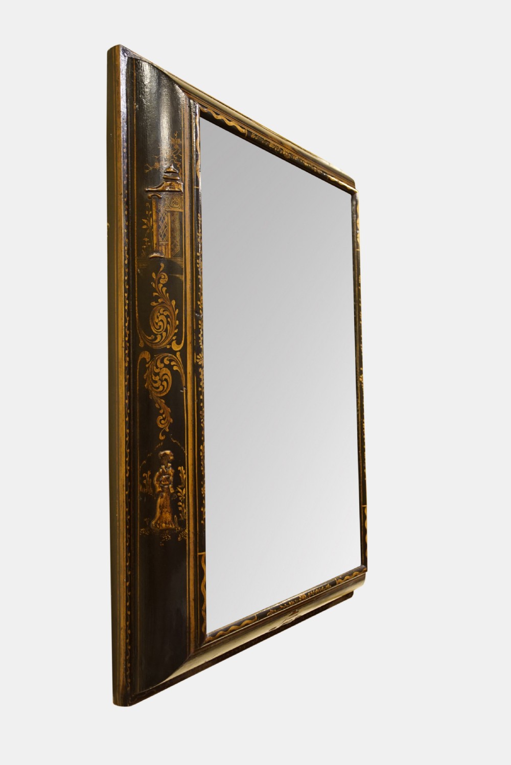 
Antique Queen Anne Style Black and Gold Japanned Mirror View II