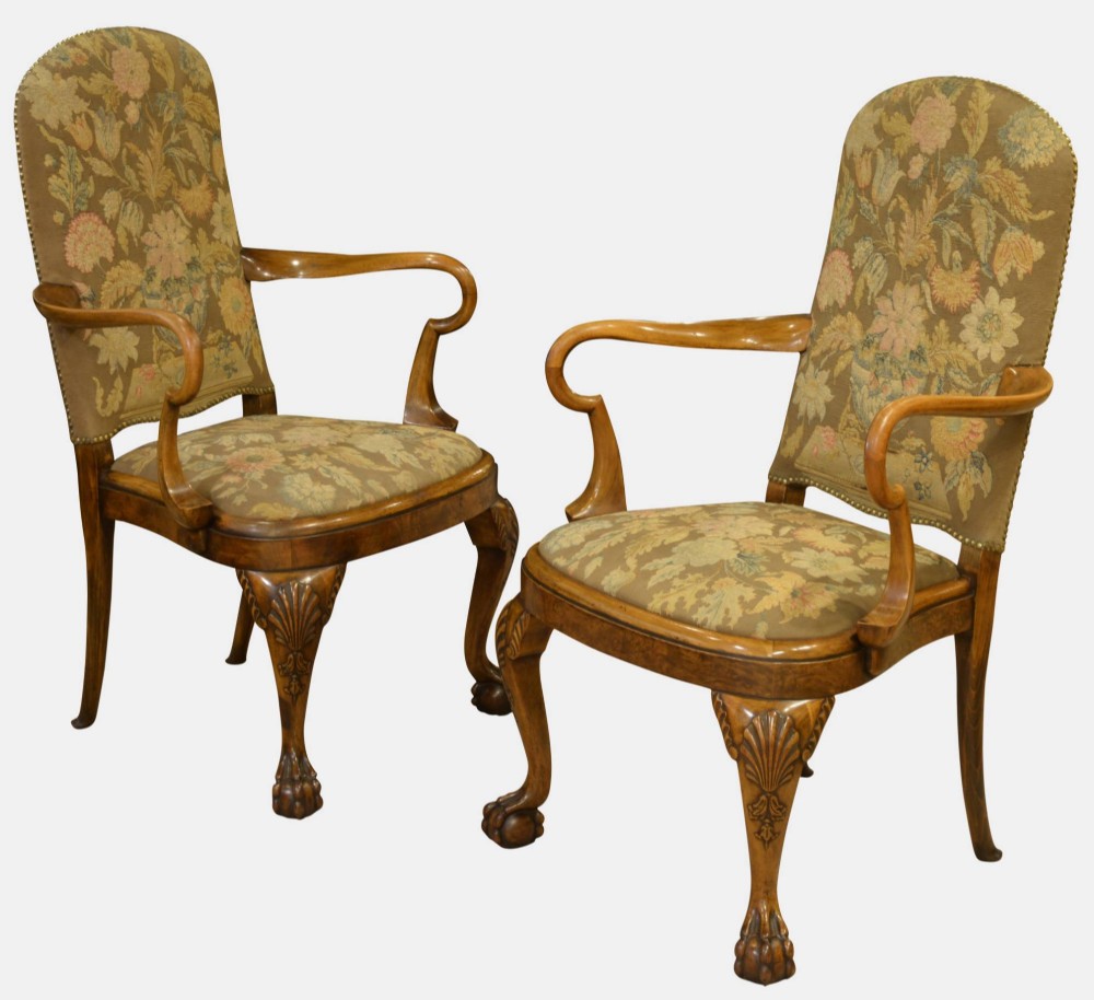 Pair of Queen Anne Style Walnut Open Armchairs