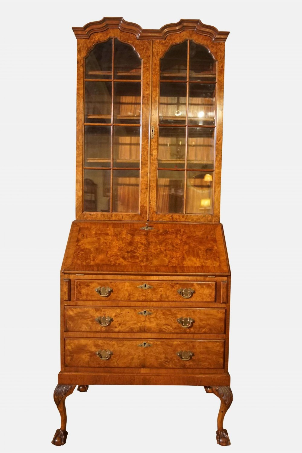 Burr Walnut Queen Anne Style Double-Dome Bookcase
