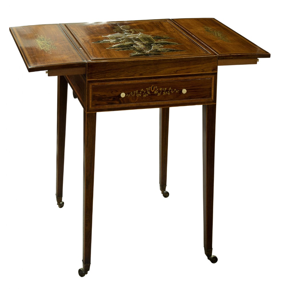 19thC chinoiserie decorated rosewood drop leaf games table