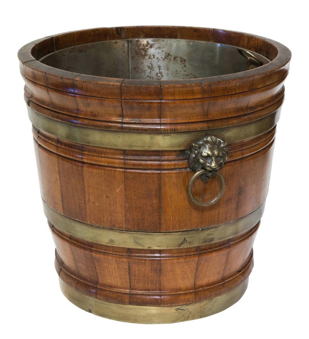 Brass bound coopered mahogany pail
