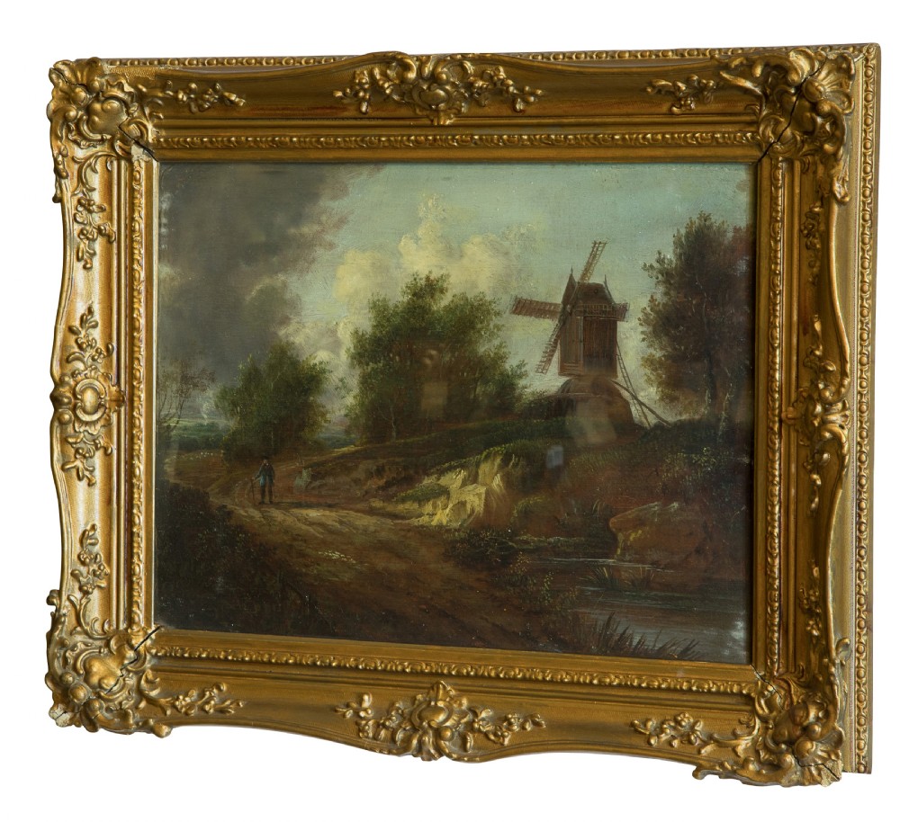 19thC Oil on panel of English school figures on a country path