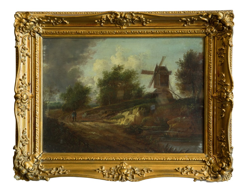 19thC Oil on panel of English school figures on a country path View III