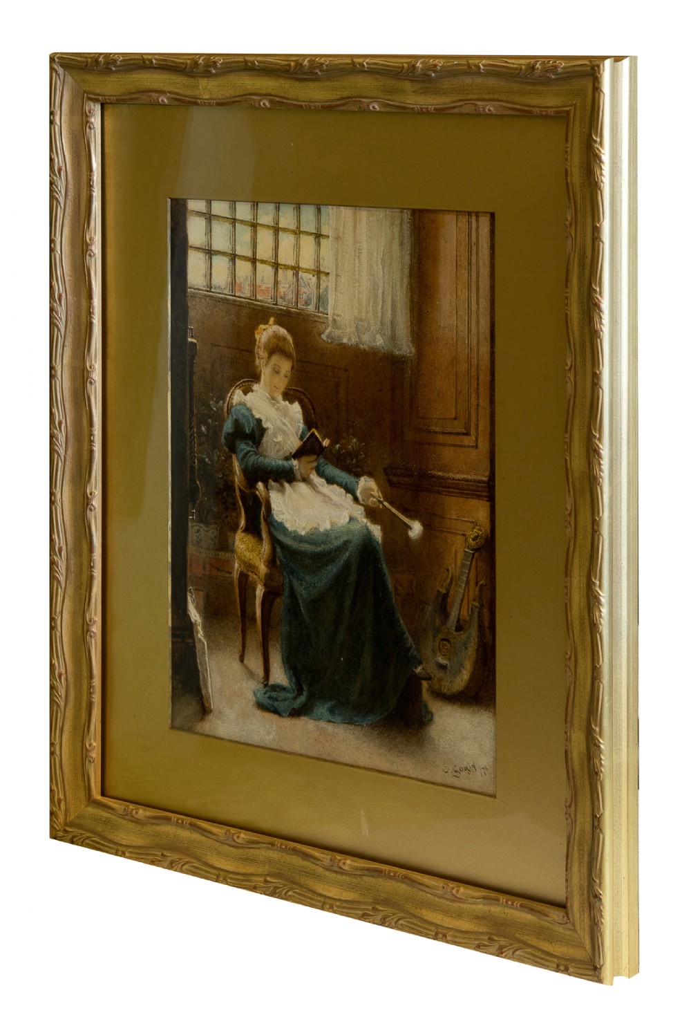 19thC Watercolour 'House maid reading' signed C. (Charles) Gogin '76