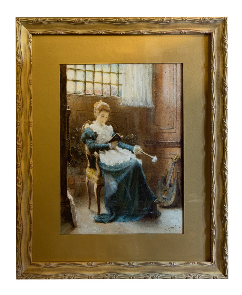 19thC Watercolour 'House maid reading' signed C. (Charles) Gogin '76 View II