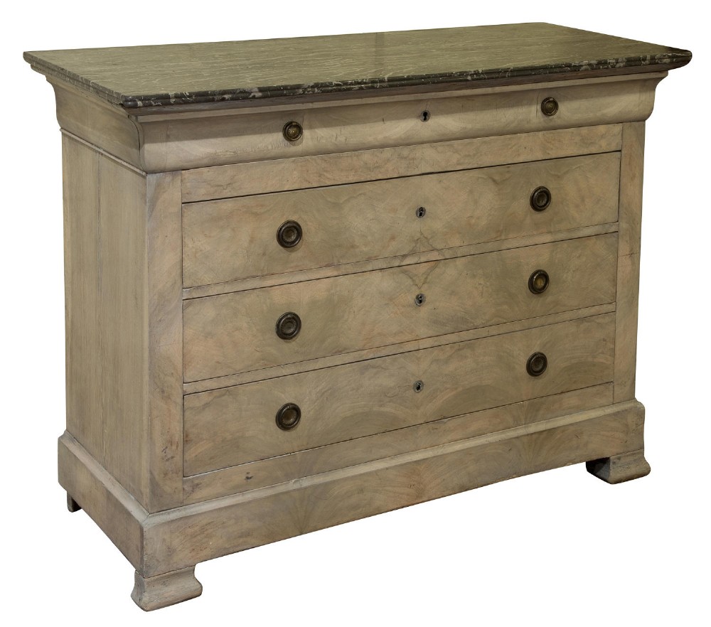 Bleached 19thc commode chest of drawers with black marble top