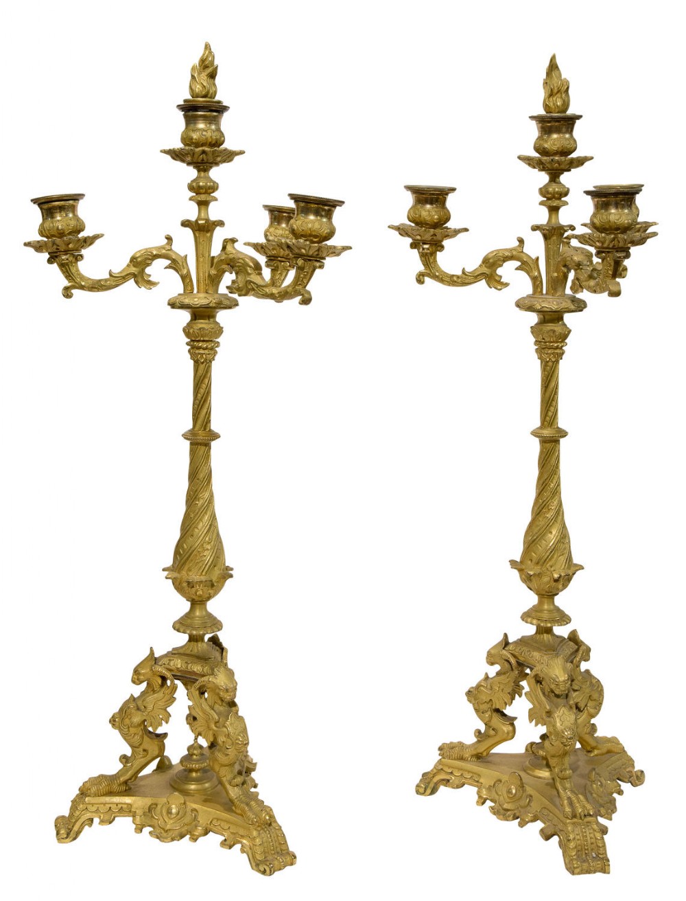 19thc Pair of Bronze three branch candelabra